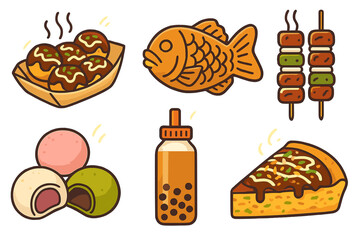 Cute illustrated Japanese street food icons including takoyaki, taiyaki, yakitori, boba tea, mochi and okonomiyaki