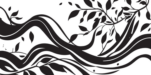 Fototapeta premium Elegant Black and White Floral Design with Wavy Lines and Decorative Leaves for Creative Projects and Artistic Backgrounds