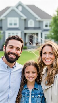 Joyful Caucasian Family Standing Outside New Home