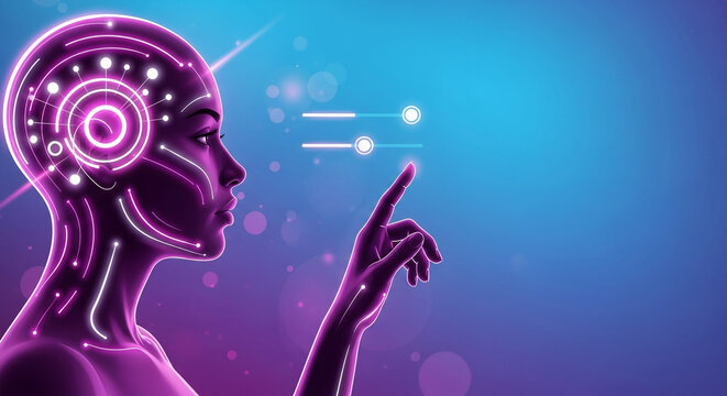 Artificial intelligence concept with a glowing robotic head and a finger touching a futuristic interface on a blue background, representing technology and innovation