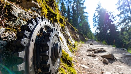 Close-up of Mountain Bike Gears Shifting on a Rocky Trail