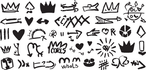 Fototapeta premium Hand Drawn Doodle Icons with Arrows Crowns and Hearts on White Background Vector Illustration for Designs and Creative Projects