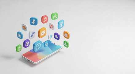 3d rendering of a smartphone with various social media and app icons floating above it isolated on white background