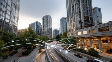 Fototapeta premium Bright sunset casts warm colors on urban skyline, enhanced by an overlay of network connections representing digital innovation