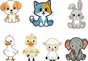 Cute cartoon animals, puppy, kitten, rabbit, duck, lamb, elephant, patchwork toy, children’s illustration, nursery design, vector art, playful style