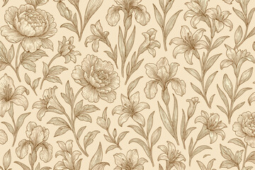 Obraz premium Floral pattern featuring peonies and irises on a soft beige background for elegant decor