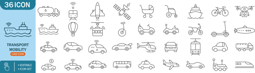 Transport Mobility Line Icon Set – Vehicles, Car, Ship, Airplane, Drone, Train, Scooter