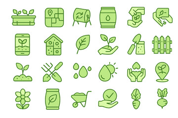Various green icons representing gardening, sustainability, and eco-friendly practices for a cleaner environment