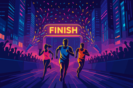 Runners sprint toward the finish line during a vibrant city marathon celebration with cheering crowds and colorful lights