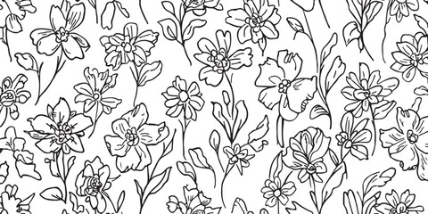 Fototapeta premium Elegant floral seamless pattern with hand drawn flowers and leaves delicate monochrome botanical background great for textile and wallpaper designs
