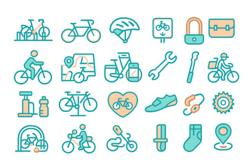 Bicycle and cycling icon set with bike gear, repair tools, navigation, safety accessories, and transport symbols