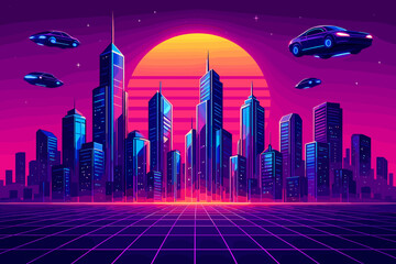 Retro-futuristic cityscape with neon grid, flying cars, and glowing sunset in synthwave cyberpunk style