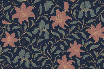 Elegant Seamless Floral Pattern with Vintage Lilies and Leaves on Dark Blue Background