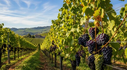 "A lush vineyard in harvest season with rows of green and purple grapes