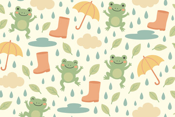 Sunny day with frogs, umbrellas, and boots in a playful rain-themed design