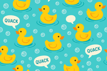 Bright yellow rubber ducks swimming in bubbles on a cheerful blue background with playful speech bubbles