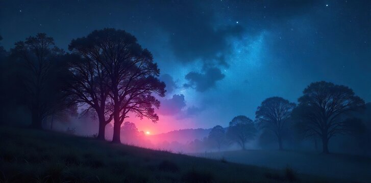 Mysterious, ethereal glow illuminating the night sky Dark, shadowy trees silhouetted against the radiant, celestial light Perfect for fantasy, magical, or mystical themes , background, nebula