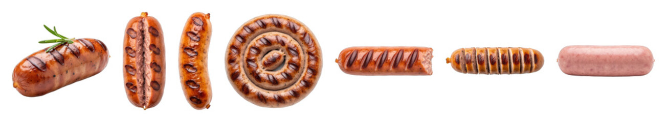 Fototapeta premium Sausage set including grilled, raw, whole, cut, spiral, and sliced varieties isolated. Meat product for barbecue, dinner, or culinary design.