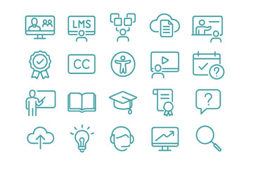 Line Icons Set for Online Learning, LMS, and Digital Education on Blue Gradient Background
