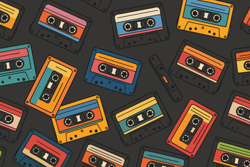 Seamless Pattern of Colorful Retro Cassette Tapes on Dark Background in Vintage 80s and 90s Style