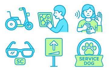 Icons representing accessibility features and assistance for individuals with disabilities in a modern setting