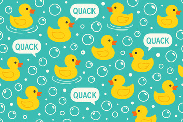 Colorful pattern featuring yellow rubber ducks swimming and quacking in a playful bubble-filled background
