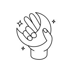 Hand holding a moon. Mystical, esoteric, magic or healing moon. Mystic astrology crescent moon. Vector illustration.