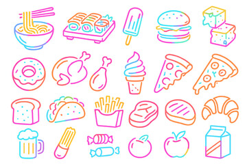 Colorful illustrations of popular foods and snacks including sushi, burgers, and ice cream in a playful design