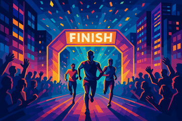 Runners cross the finish line in a vibrant city marathon celebration at dusk with cheering crowds and colorful lights