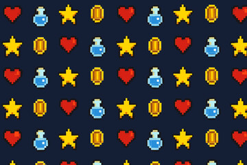 Fototapeta premium Colorful pixelated pattern with retro game elements set against a dark background showcasing classic gaming symbols