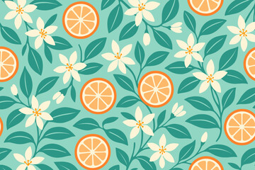 Colorful floral pattern featuring orange slices and white flowers on a turquoise background