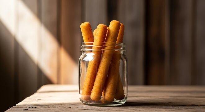 Crispy baked breadsticks in a glass jar on a rustic wooden surface with natural light - Powered by Adobe