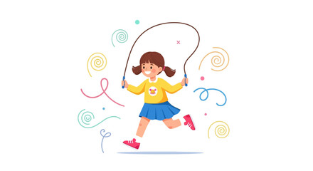 Joyful Girl Skipping Rope During Outdoor Activity with Colorful Decorative Elements Included