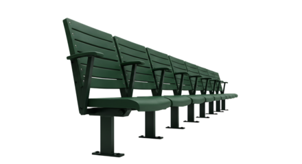 Perspective View of Empty Dark Green Stadium Seating with Armrests, Transparent Background