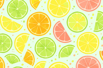 Bright watercolor citrus fruit pattern with lemon, lime, orange, and grapefruit slices and dots on light mint green background