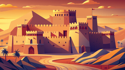 Al Zubarah Fort, Qatar, presents ochre towers, crenellated ramparts, and desert courtyards. Soft light falls on geometric walls; semi-realistic flat vector highlighting linear rhythm, symmetry, and wa