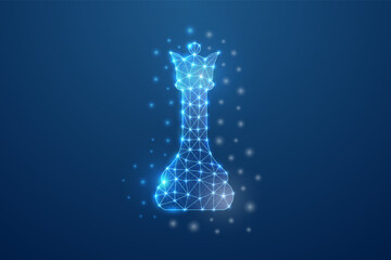 Digital glowing chess queen piece in polygonal low poly wireframe design on dark cyber background