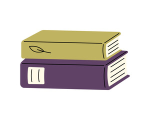Two closed books stacked horizontally, one green with a leaf, one purple with a label. Flat cozy reading style