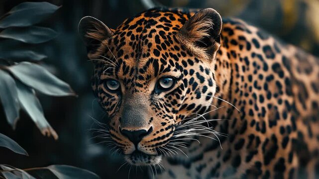 Leopard face with leaves