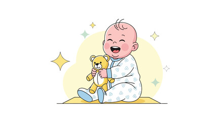 Joyful Infant Laughs While Embracing Teddy Bear, Delightful Cartoon Illustration For Happiness