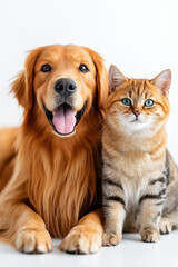 Fototapeta premium Beautiful golden retriever and gray striped cat sitting side by side in perfect harmony, demonstrating interspecies friendship and peaceful coexistence against clean white background