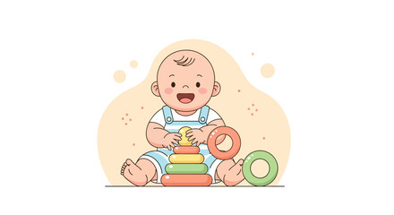 Joyful Infant Plays With Colorful Stacking Rings In Delightful Illustration Style
