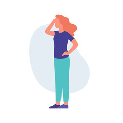 Standing woman shading her eyes. Colorful design for search, vision, and exploration themes