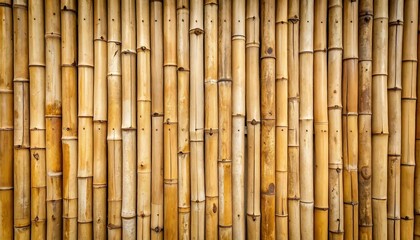 Naklejka premium A close-up view of a natural bamboo wall, showcasing the rich warm tones and textured surfaces of the vertical stalks.