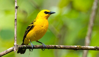 Fototapeta premium A vibrant yellow bird perched on a tree branch in a lush green forest.
