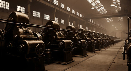 Obraz premium Vintage Industrial Factory Machines Production Line Sepia Tone