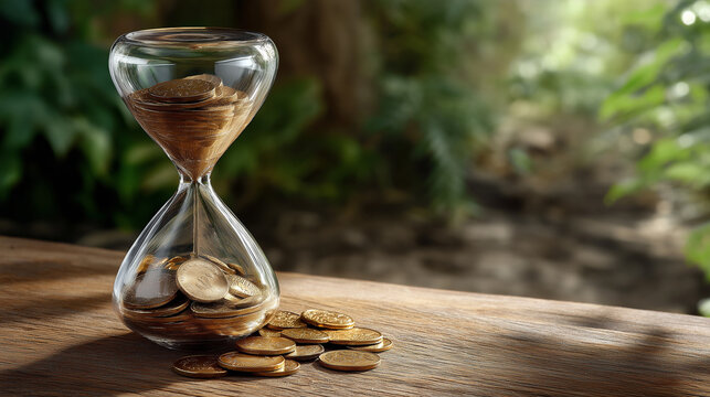 An hourglass with coins, the symbolic scene illuminated by gentle sunlight. Hourglass, coins, with copy space