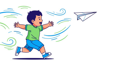 Joyful Child Launching Homemade Aircraft into the Air and Embracing Open Space