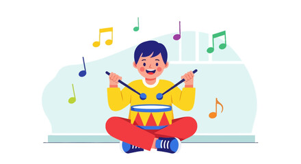 Joyful Child Plays a Drum with Musical Notes Dancing Around Him in Whimsical Art