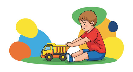 Joyful Child Playing With Toy Truck Against Colorful Abstract Background Illustration